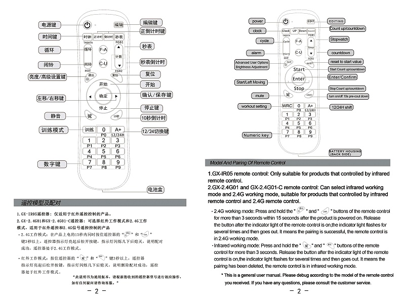 4位中英文遙控器說明書